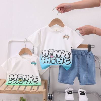 Summer fashionable children's street gradient letter bear short-sleeved denim shorts suit