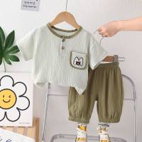2024 new children's round neck short-sleeved suits girls summer clothes boys Korean shorts breathable girls and boys clothes  Green