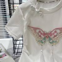 2024 new children's clothing girls Chinese style short-sleeved T-shirt new Chinese style buttoned foreign style tops baby girl children's summer clothing  White