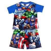 Fashion trendy casual boys summer short-sleeved new children's all-print suit boys  Blue