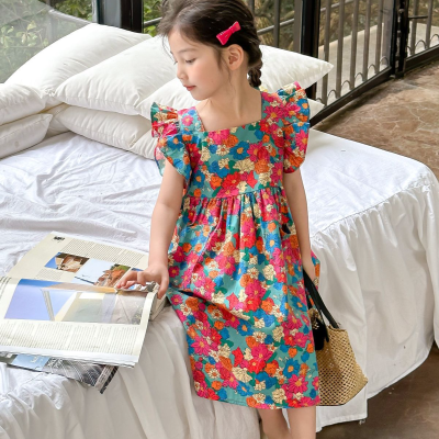 Girls skirt flying sleeves lace-up flower dress princess skirt 24 summer clothes new foreign trade children's clothing drop shipping 3-8 years old