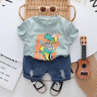 Children's cartoon printed loose casual T-shirt children's tops boys' short-sleeved summer clothes baby clothes children's clothing two-piece set  Green