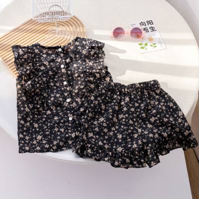 Girls' stylish floral suits 2024 summer new style sleeveless lace tops baby fashionable shorts two-piece suit