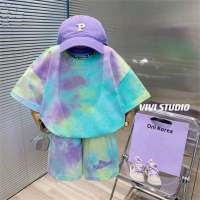 Children's clothing suit colorful design short-sleeved T-shirt 2024 summer new style street-blasting handsome middle and large children's Internet celebrity trend  Purple