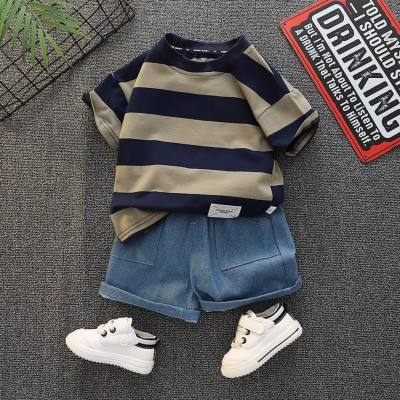 New T-shirt set for boys and girls, children, cotton stripes + short-sleeved comfortable jeans two-piece set wholesale