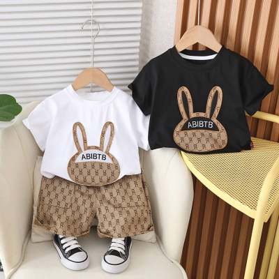 2024 summer new style boys and girls full print bunny short-sleeved children's clothing two-piece children's suit infant summer clothing trend