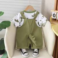 2024 new summer Korean children's clothing full print dinosaur suspenders short-sleeved two-piece summer children's suit  Green