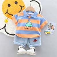 Children's suits for boys and girls striped car two-piece suits summer casual baby wholesale Korean denim toddler clothes  Orange