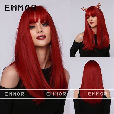 Red berry red white bangs medium-length straight hair high-temperature silk wig female headpiece