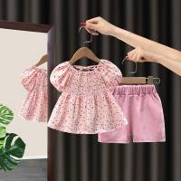 New summer girls floral princess suit baby infant Korean style short sleeve temperament pastoral style two pieces  Pink