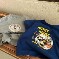 Camiseta holgada de manga corta de verano para niños y niñas de algodón puro, camisetas con estilo de Mickey de dibujos animados para niños pequeños y medianos, camisas con fondo a la moda  Azul