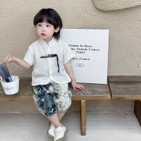 بدلة صيفية صينية جديدة للأولاد بأكمام قصيرة 2024 ملابس أطفال على الطراز الصيني الجديد الأكثر مبيعًا ملابس خارجية لرياض الأطفال   البيج
