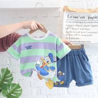 Summer boys and infants short-sleeved shorts cartoon round neck 0-5 years old two-piece children's suit  Light Green