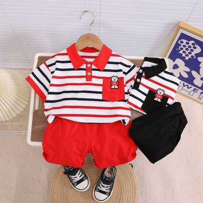 Baby boy casual fashion two-piece summer new boys striped pocket bear short-sleeved suit