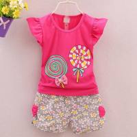 Children's clothing new summer short-sleeved vest children's suit Korean version cute flying sleeves small floral pastoral style suit wholesale  Hot Pink