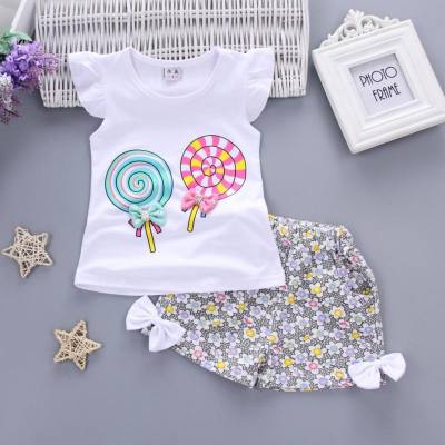 Children's clothing new summer short-sleeved vest children's suit Korean version cute flying sleeves small floral pastoral style suit wholesale
