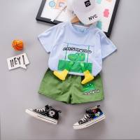 Summer thin short-sleeved children's suit infant baby cartoon cute casual printed T-shirt children's clothing wholesale 2024  Blue