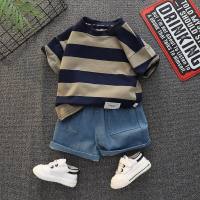 New T-shirt set for boys and girls, children, cotton stripes + short-sleeved comfortable jeans two-piece set wholesale  Multicolor