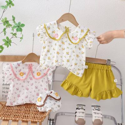 Girls' fashionable short-sleeved suits, summer clothes, infants, baby doll collar, floral tops, summer thin shorts, children's clothes