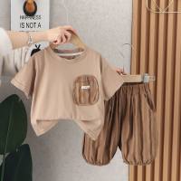 New style children's clothing boys summer short-sleeved suit baby summer clothes children's striped two-piece suit trendy  Brown