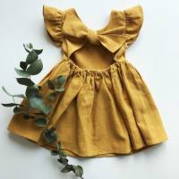 New style girls dress baby cotton linen solid color princess dress  Yellow