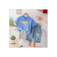 Traje de ropa de verano para niños, pantalones cortos de manga corta con patrón de dinosaurio de dibujos animados para niños pequeños y medianos, ropa de verano a la moda, 2023  Azul