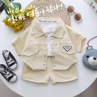 Boys summer short-sleeved shirt set 2022 new baby handsome shirt infant and young children summer two-piece set trendy  Beige