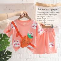 Girls cartoon round neck short-sleeved suit baby sports shorts two-piece trendy set  Pink