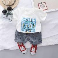 Children's clothing children's suits for boys and girls solid color casual robot short-sleeved shorts pure cotton summer trend two-piece set  White