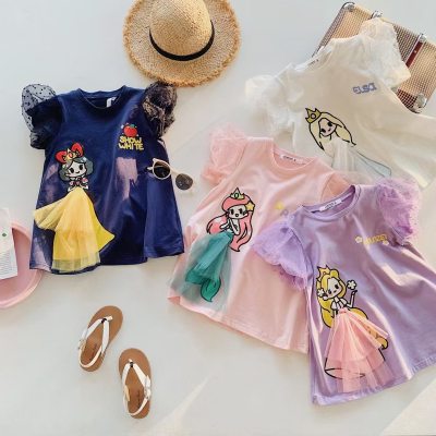 Children's clothing summer puff sleeves girls cartoon three-dimensional printing mesh short-sleeved T-shirt dress children