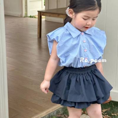 Girls suit single-breasted flower sleeve top plus skirt pants 24 summer new style