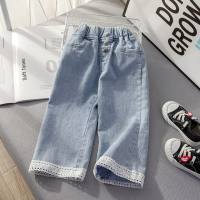 Abbigliamento per bambini coreani 2024 primavera e autunno nuove ragazze jeans in pizzo pantaloni larghi per bambini versione coreana pantaloni a zampa d'elefante  Blu