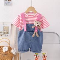 Children's summer wear bear suspenders denim shorts suit for girls fashionable striped short-sleeved two-piece suit  Pink
