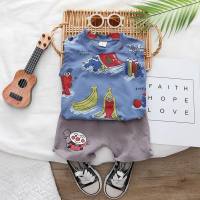 Foreign trade wholesale new children's clothing summer children's cartoon print casual boys full printed bread super vest suit trendy  Blue