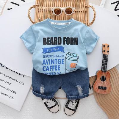 1-5 years old children's ripped jeans suit summer two-piece children's clothing boys casual T-shirt short-sleeved manufacturer wholesale