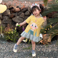 Girls spliced mesh dress 2023 summer mid-length skirt Korean version cute cartoon princess series ruffle skirt  Yellow