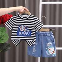 2023 children's clothing summer boys short-sleeved striped bear t-shirt Korean style trendy Japanese children's clothing  Black