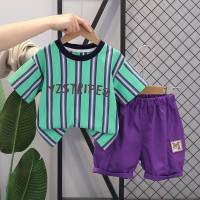 Children's workwear casual shorts suit children's clothing wholesale small and medium-sized boys striped short-sleeved tops casual children's T-shirts  Green