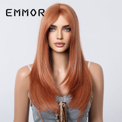 Nuovo stile frangia capelli lisci di media lunghezza con parrucca riccia arancione per donna Copricapo completo in stile celebrità di Internet