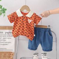 Summer new T-shirt children's suit for little boys aged 0-4 years old, children's lapel printed with letters, short-sleeved children's clothing two-piece set, trendy  Orange