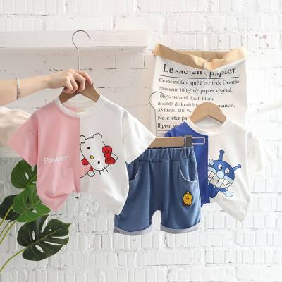 Girls cartoon round neck short-sleeved suit baby sports shorts two-piece set