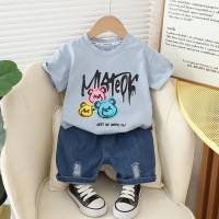 Camiseta de una pieza para niños, traje informal de jeans para bebés de 0 a 5 años, ropa para niños, conjunto de dos piezas de verano de manga corta  Azul