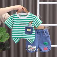 2023 children's clothing summer boys short-sleeved striped bear t-shirt Korean style trendy Japanese children's clothing  Green