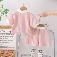 New summer suit for baby girls, two-piece vertical stripe placket shirt  Pink