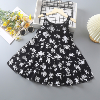 Kinderkleid 2024 Sommer neuer Stil Mädchenkleidrock stilvolles mittleres und großes Kinderprinzessin-Blumenhosenträgerrock-Nachthemd  Schwarz