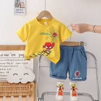 Summer fashionable children's street cartoon round neck short-sleeved suit trendy and cool new summer short-sleeved suit for boys  Yellow