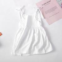 ins European and American girls summer solid color cotton and linen 2 side pocket suspender dress lace-up children's suspender dress  White