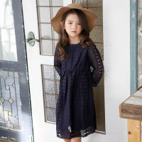 Girls Dress 2023 Spring Korean Style Medium and Large Children's Long Sleeve Fashionable Lace Dress Children's Princess Dress Mid-Length  Navy Blue