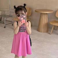 Summer girls suspender dress baby fashionable vest dress children Korean style letter print fashionable and cute skirt  Hot Pink