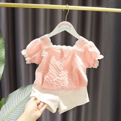 Girls summer shirt fashionable summer clothes plaid baby shirt shorts princess two-piece suit trendy short sleeves